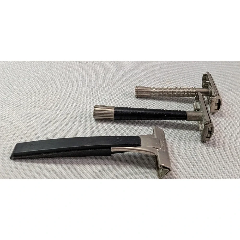 Gillette Schick Safety Razor Set Men OS Silver Black Fair Vintage Shaving Lot